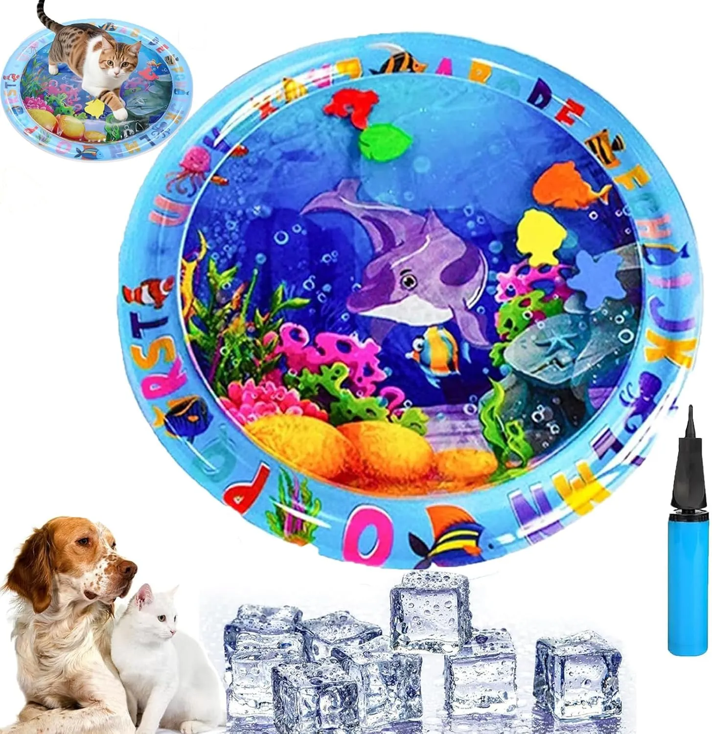 2025 Upgraded Thickened Water Sensor Play Mat for Pets, Cats & Dogs, Cool Comfort Inflatable Tummy Time Water Mat, PVC Material, Indoor/Outdoor/Travel(25.5in,Dolphin)