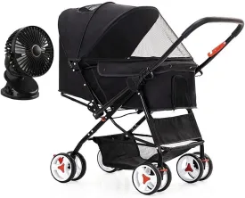 4 Wheel Cat/Dog Stroller with Stroller Fan Dog Strollers for Medium Small Dogs Reversible Push Handle Pet Stroller Puppy& Kitten Carrier (Black)