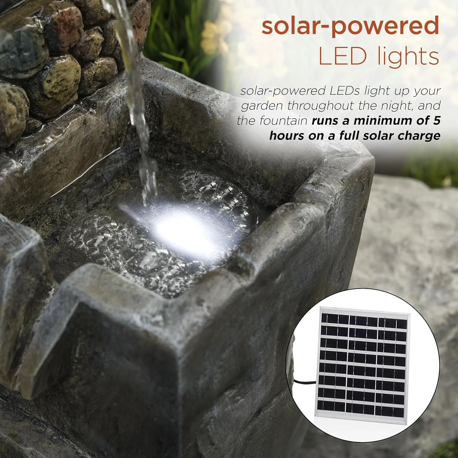Alpine Corporation TZL264SLR 43" Outdoor 4 Tier Vase Solar Water Fountain with LED Lights, Cascading Garden Fountain, Gray
