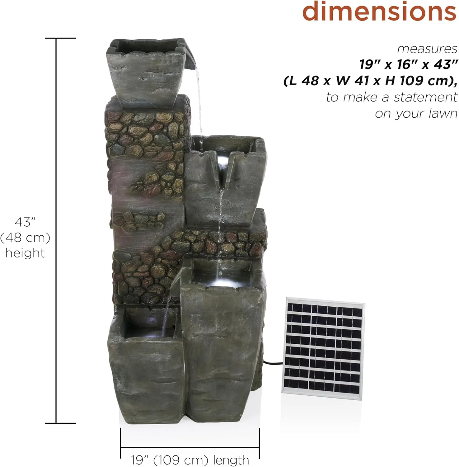 Alpine Corporation TZL264SLR 43" Outdoor 4 Tier Vase Solar Water Fountain with LED Lights, Cascading Garden Fountain, Gray