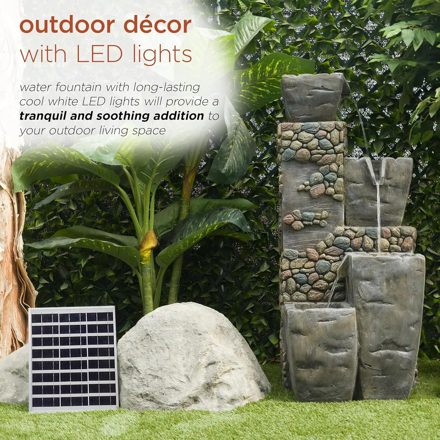 Alpine Corporation TZL264SLR 43" Outdoor 4 Tier Vase Solar Water Fountain with LED Lights, Cascading Garden Fountain, Gray