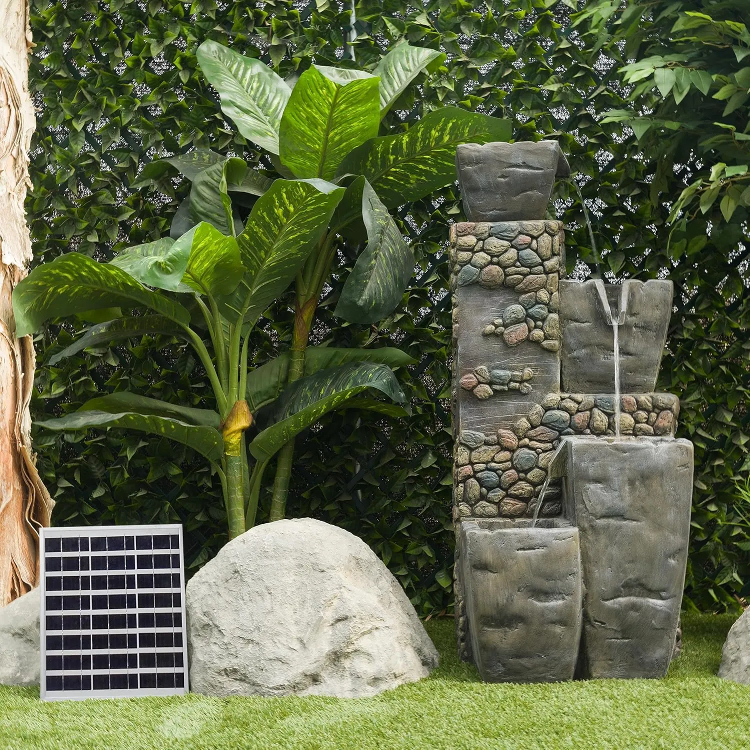 Alpine Corporation TZL264SLR 43" Outdoor 4 Tier Vase Solar Water Fountain with LED Lights, Cascading Garden Fountain, Gray
