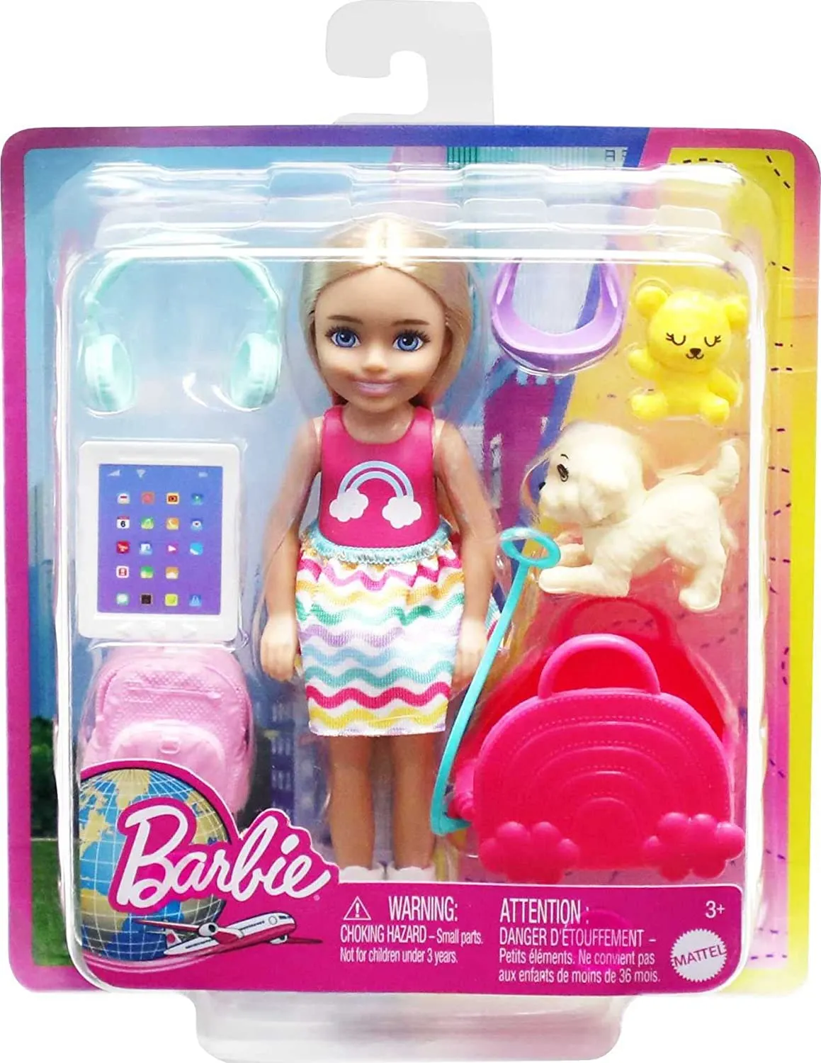 Barbie Chelsea Blonde Doll Travel Set Accessories with Puppy, Pet Carrier & Backpack for Kids Ages 3 