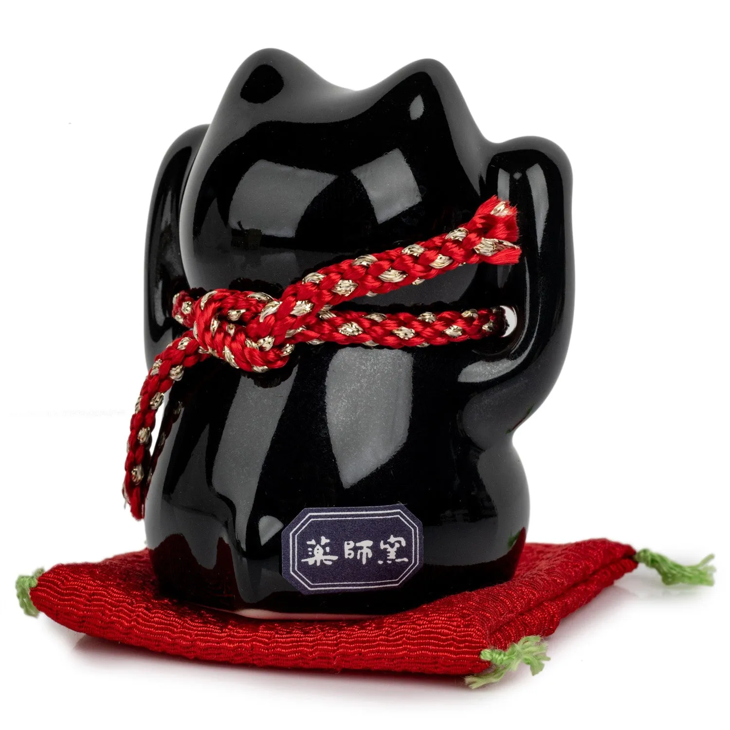 Black Good Health Japanese Lucky Cat and Red Cushion
