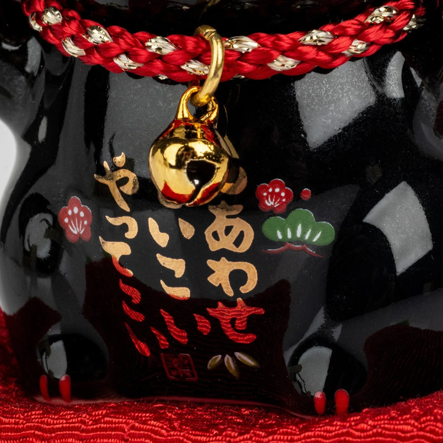 Black Good Health Japanese Lucky Cat and Red Cushion