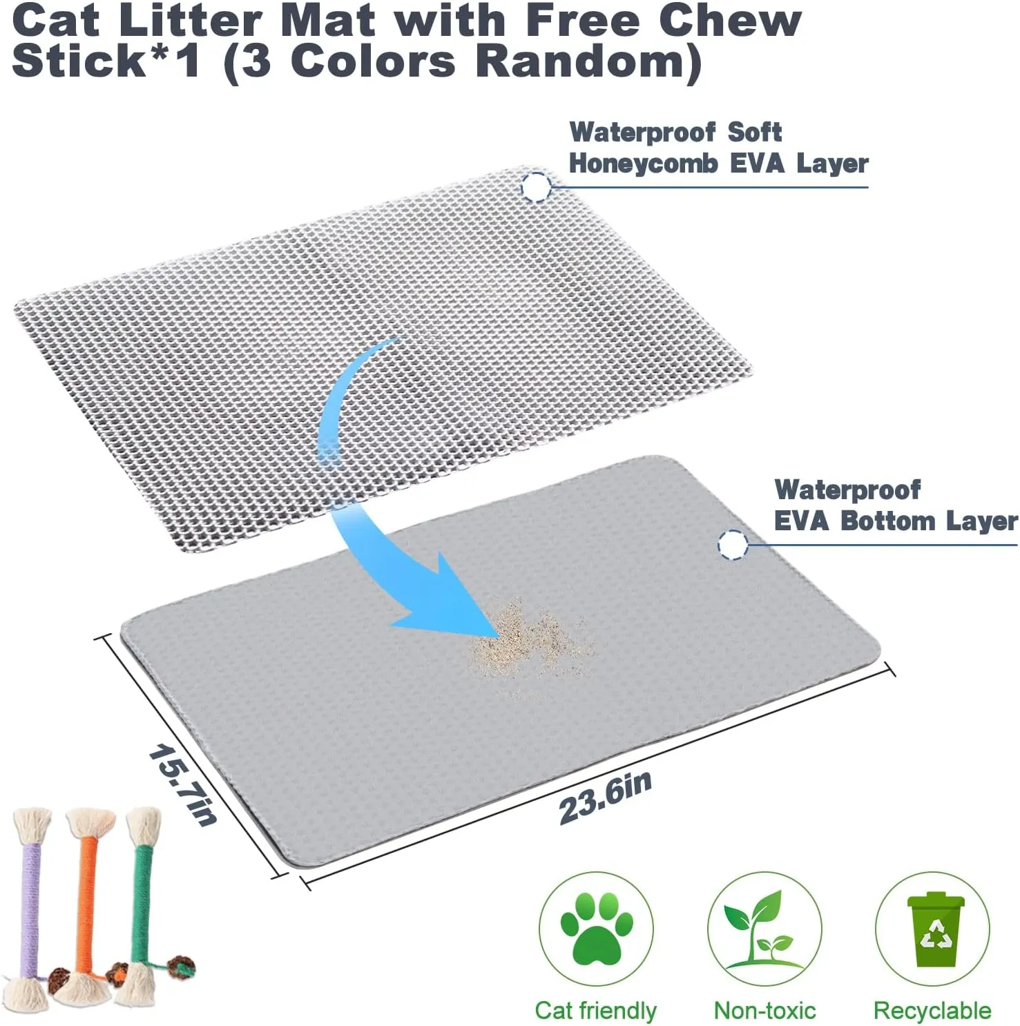 Cat Litter Mat 23.6"x15.7" Double Layer Waterproof & Non-Slip - Honeycomb Washable EVA Litter Mat for Scatter Control, Urine Proof Litter Trapping Mat for Litter Box(Light Grey)