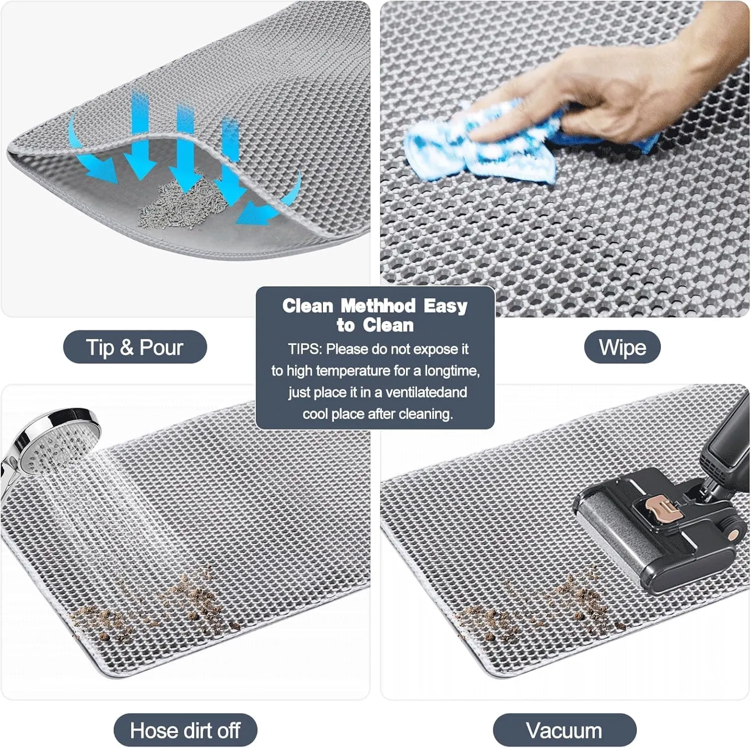 Cat Litter Mat 23.6"x15.7" Double Layer Waterproof & Non-Slip - Honeycomb Washable EVA Litter Mat for Scatter Control, Urine Proof Litter Trapping Mat for Litter Box(Light Grey)