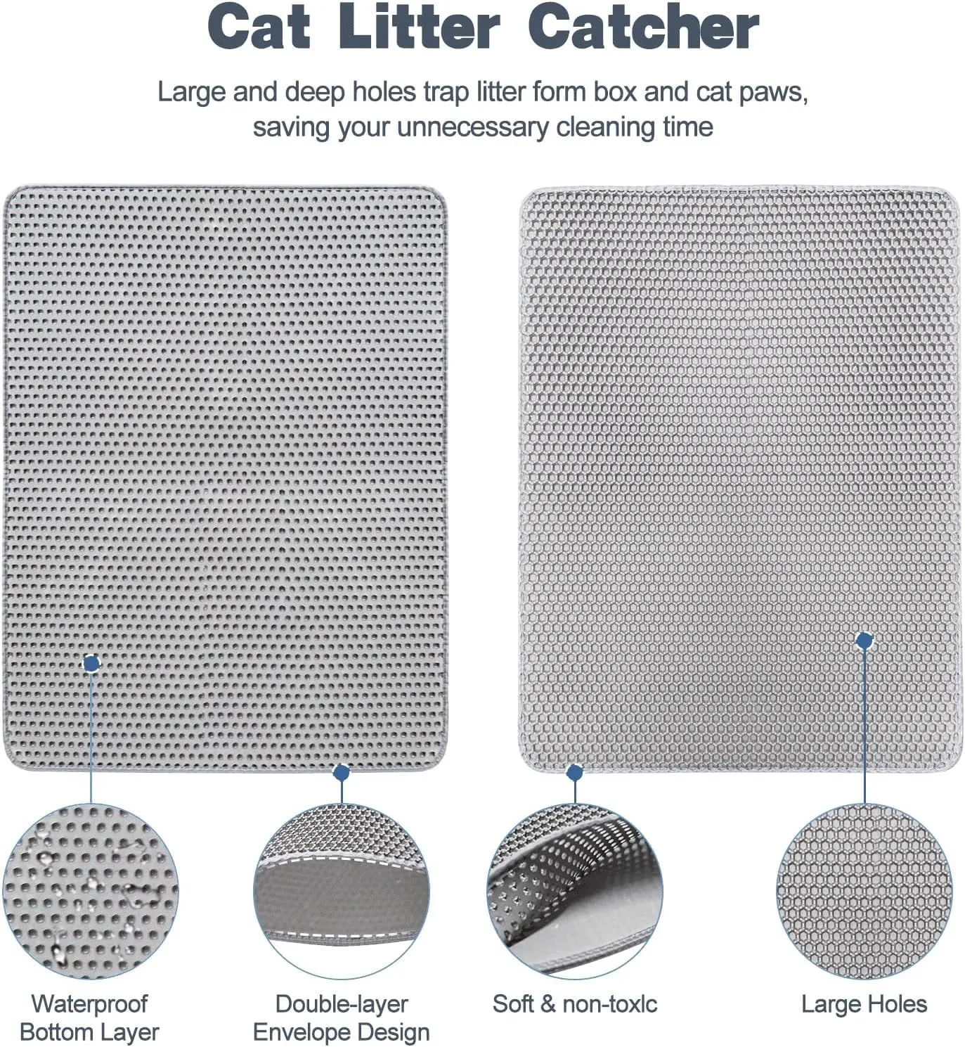Cat Litter Mat 23.6"x15.7" Double Layer Waterproof & Non-Slip - Honeycomb Washable EVA Litter Mat for Scatter Control, Urine Proof Litter Trapping Mat for Litter Box(Light Grey)