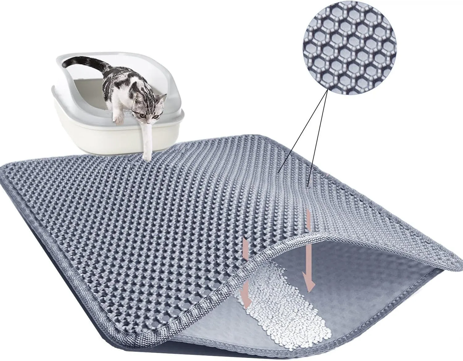 Cat Litter Mat 23.6"x15.7" Double Layer Waterproof & Non-Slip - Honeycomb Washable EVA Litter Mat for Scatter Control, Urine Proof Litter Trapping Mat for Litter Box(Light Grey)
