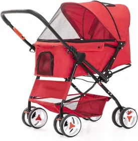 Cat/Dog Stroller Reversible Push Handle Pet Strollers Easy Foldable 4 Wheel Dog Strollers Puppy & Kitten Carrier Extended Cockpit (Red)