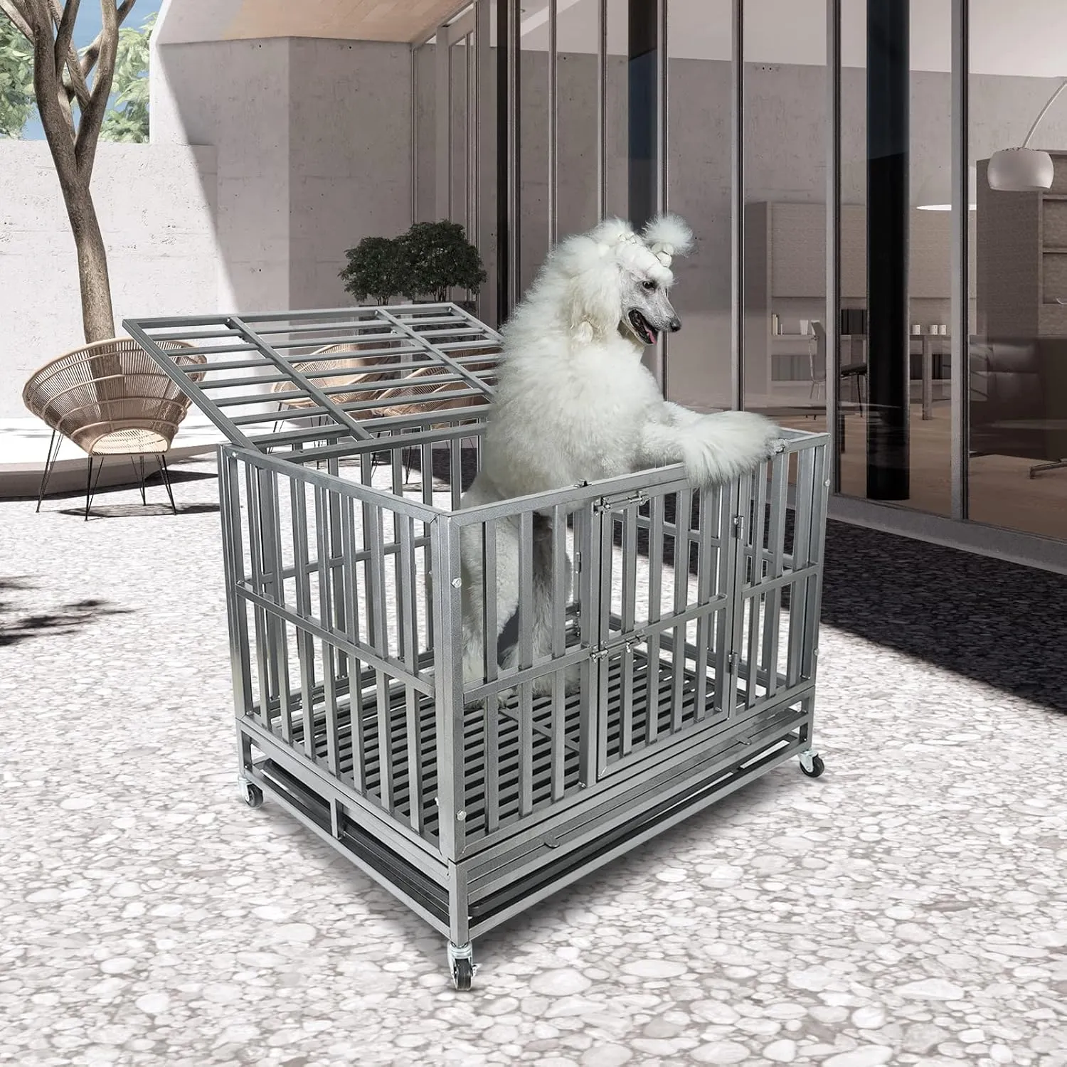 Confote 37 Inch Heavy Duty Dog Crate Metal Cage Kennel, High Anxiety Pet Cage with Lockable Wheels & Double Doors for Small Dogs