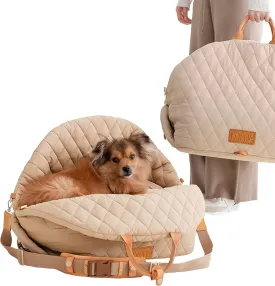 Dog Car Seat 3-in-1 Pet Carrier and Small Cat Bed with Puppy Pillow, Storage Pocket, Clip-On Safety Leash, Waterproof Dog Bed, Two Portable Handle, Dog Shoulder Carrier, Beige