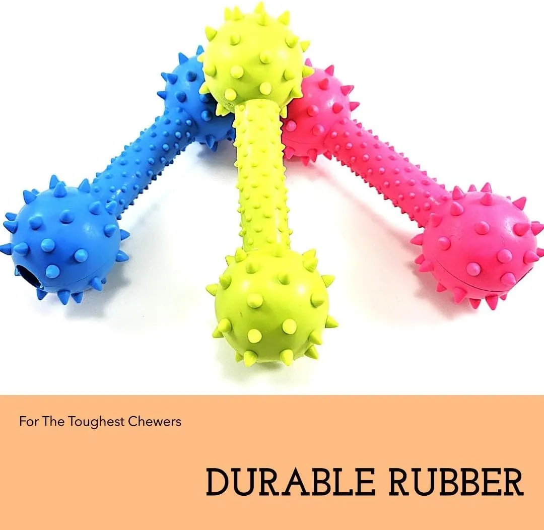 Dog Chew Toy Dumbbell, Durable Rubber, Lime Green, Blue, Pink, Playful, with Bell (Lime Green)