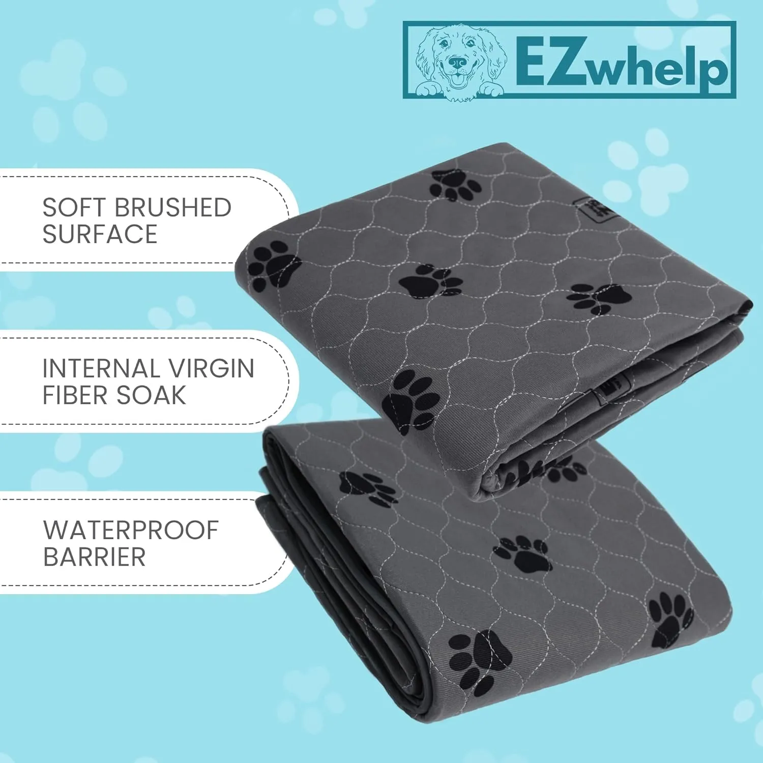 EZwhelp Reusable Quick Dry Pad - Waterproof Pet Pee Pads Washable for Large Dogs - Non-Slip Dog Training Pads, Fast Absorbent - Reusable Potty Pads for Cats and Dogs - 48" x 48" Pack of 2