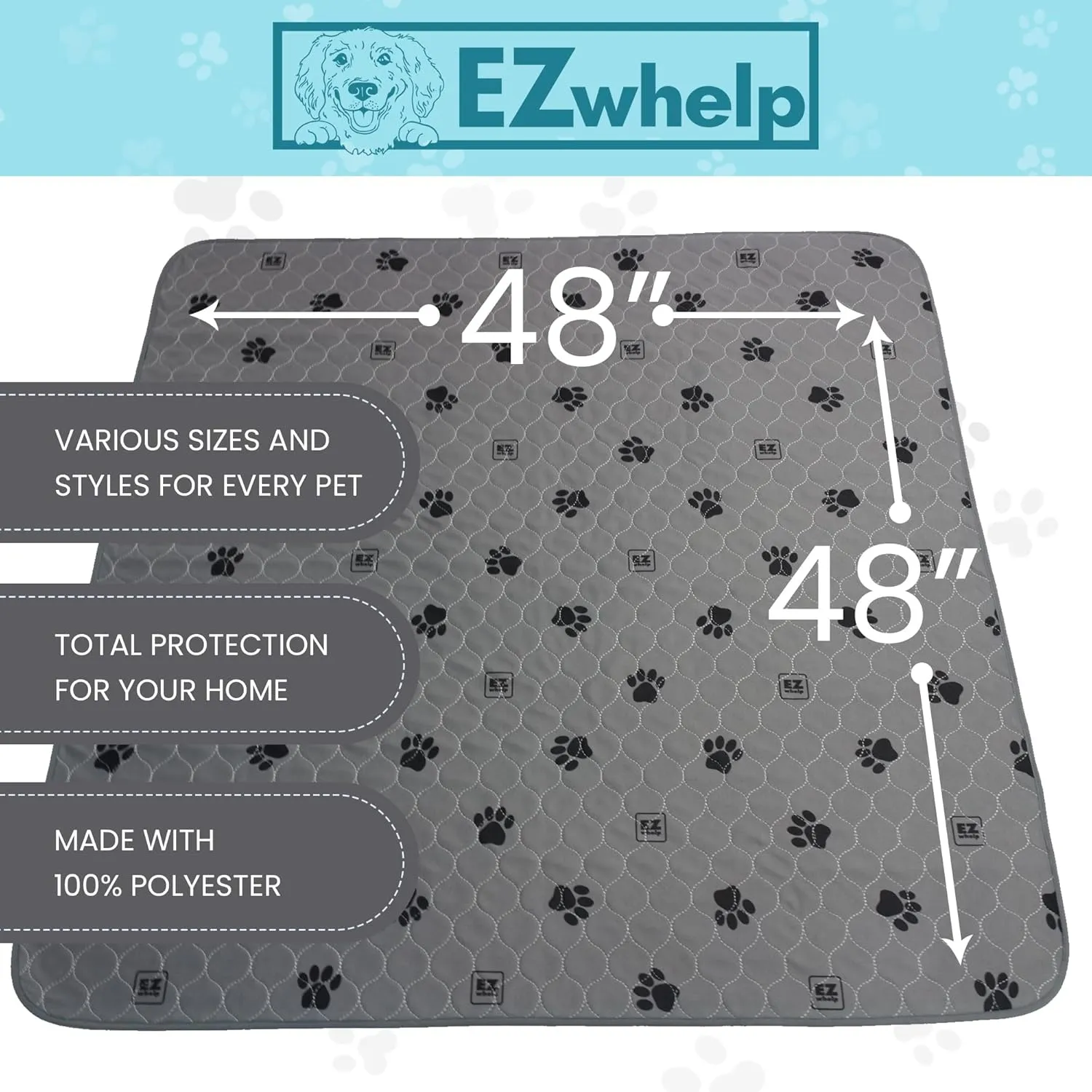 EZwhelp Reusable Quick Dry Pad - Waterproof Pet Pee Pads Washable for Large Dogs - Non-Slip Dog Training Pads, Fast Absorbent - Reusable Potty Pads for Cats and Dogs - 48" x 48" Pack of 2