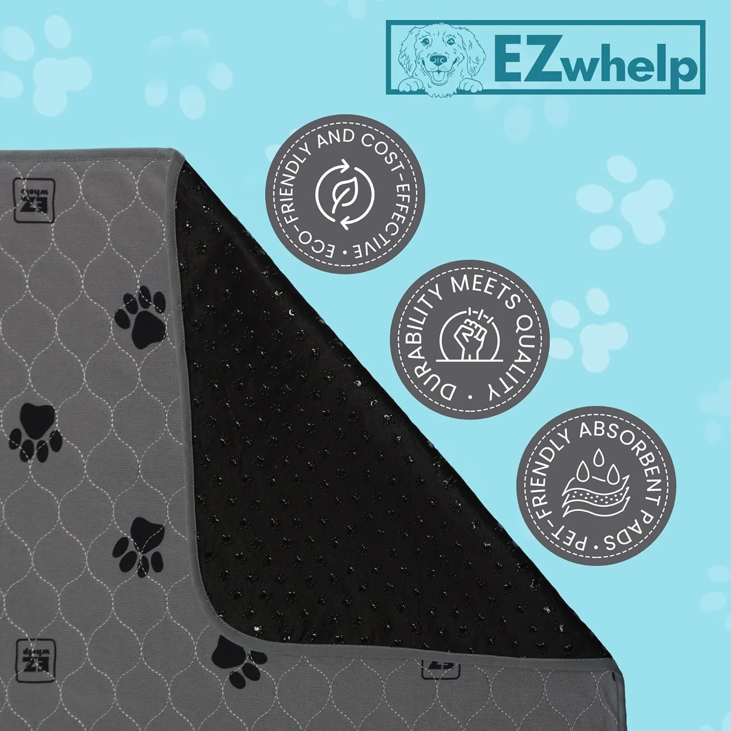EZwhelp Reusable Quick Dry Pad - Waterproof Pet Pee Pads Washable for Large Dogs - Non-Slip Dog Training Pads, Fast Absorbent - Reusable Potty Pads for Cats and Dogs - 48" x 48" Pack of 2