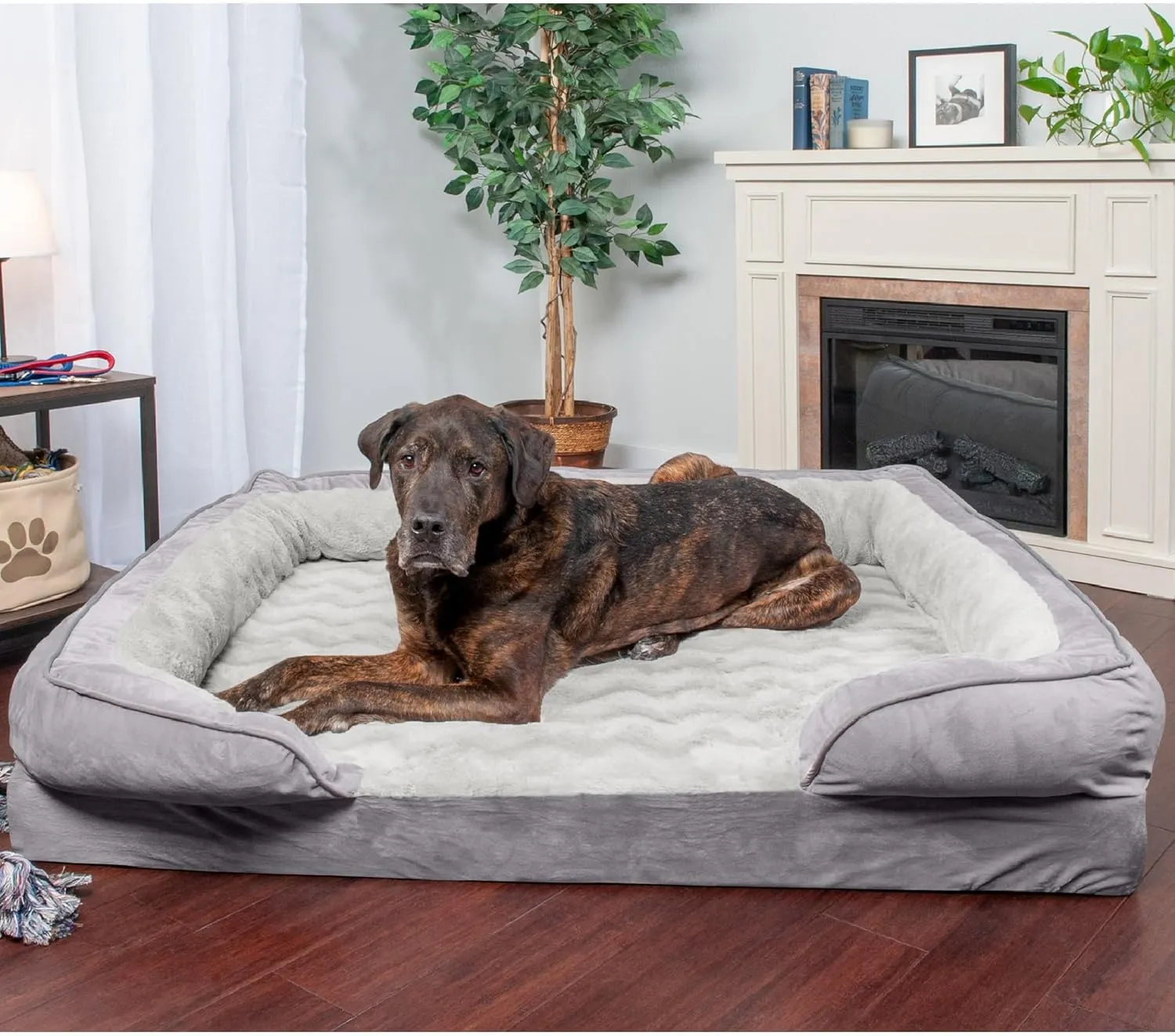 Furhaven Orthopedic Dog Bed for Large Dogs w/ Removable Bolsters & Washable Cover, For Dogs Up to 125 lbs - Plush & Velvet Waves Perfect Comfort Sofa - Granite Gray, Jumbo Plus/XXL