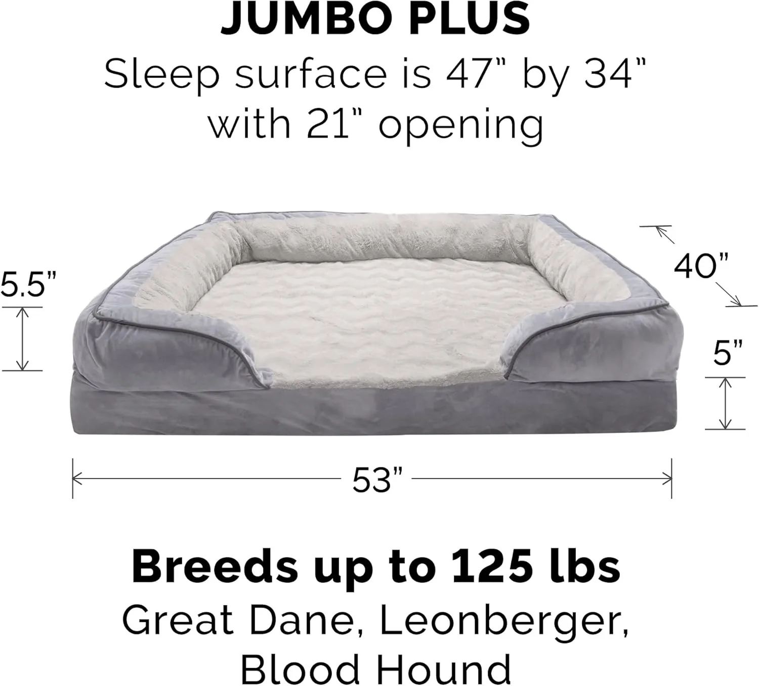 Furhaven Orthopedic Dog Bed for Large Dogs w/ Removable Bolsters & Washable Cover, For Dogs Up to 125 lbs - Plush & Velvet Waves Perfect Comfort Sofa - Granite Gray, Jumbo Plus/XXL