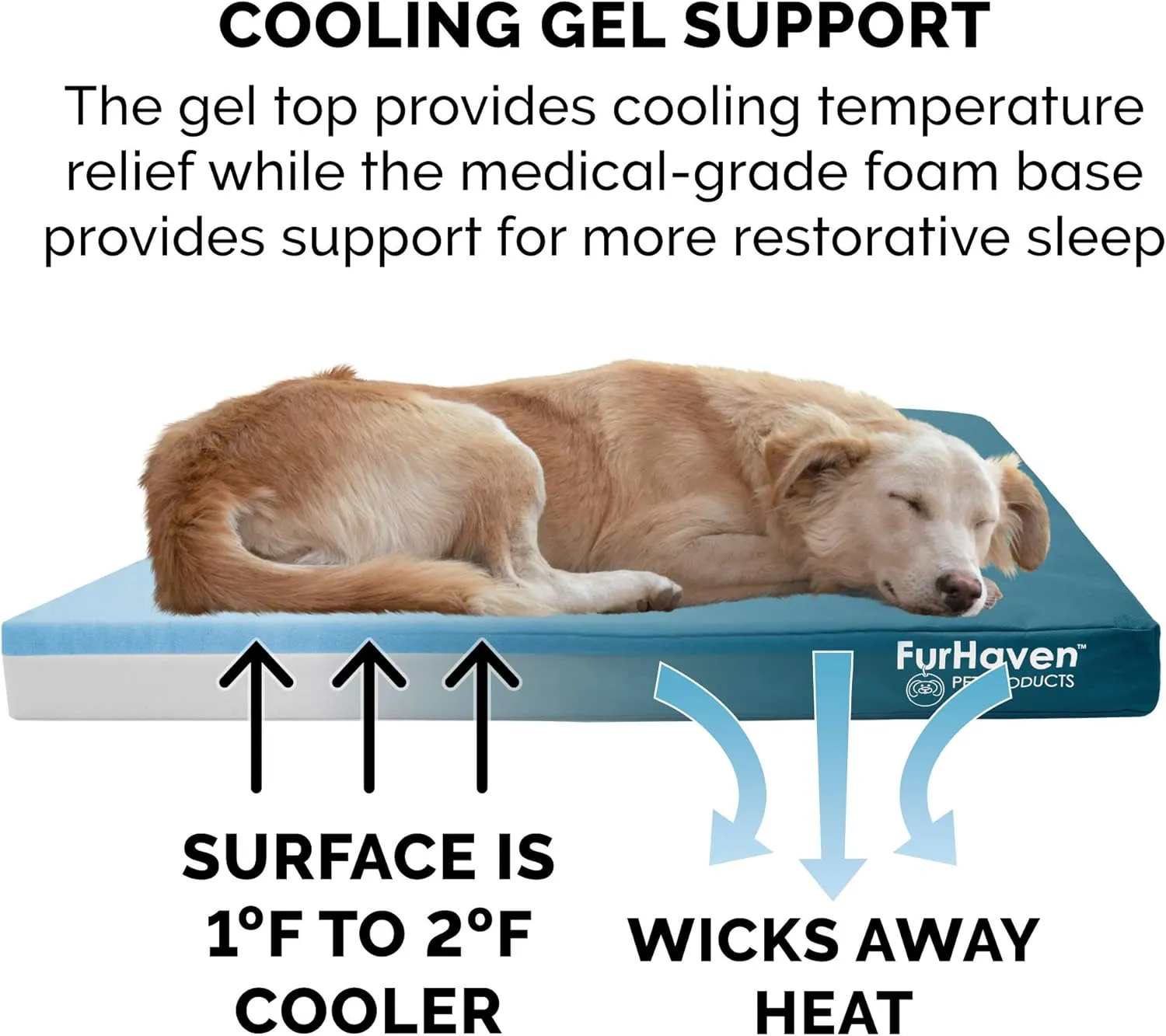 Furhaven Water-Resistant Cooling Gel Dog Bed for Large Dogs, Deep Lagoon, Jumbo Plus/XXL, 53"L x 40"W x 5"Th