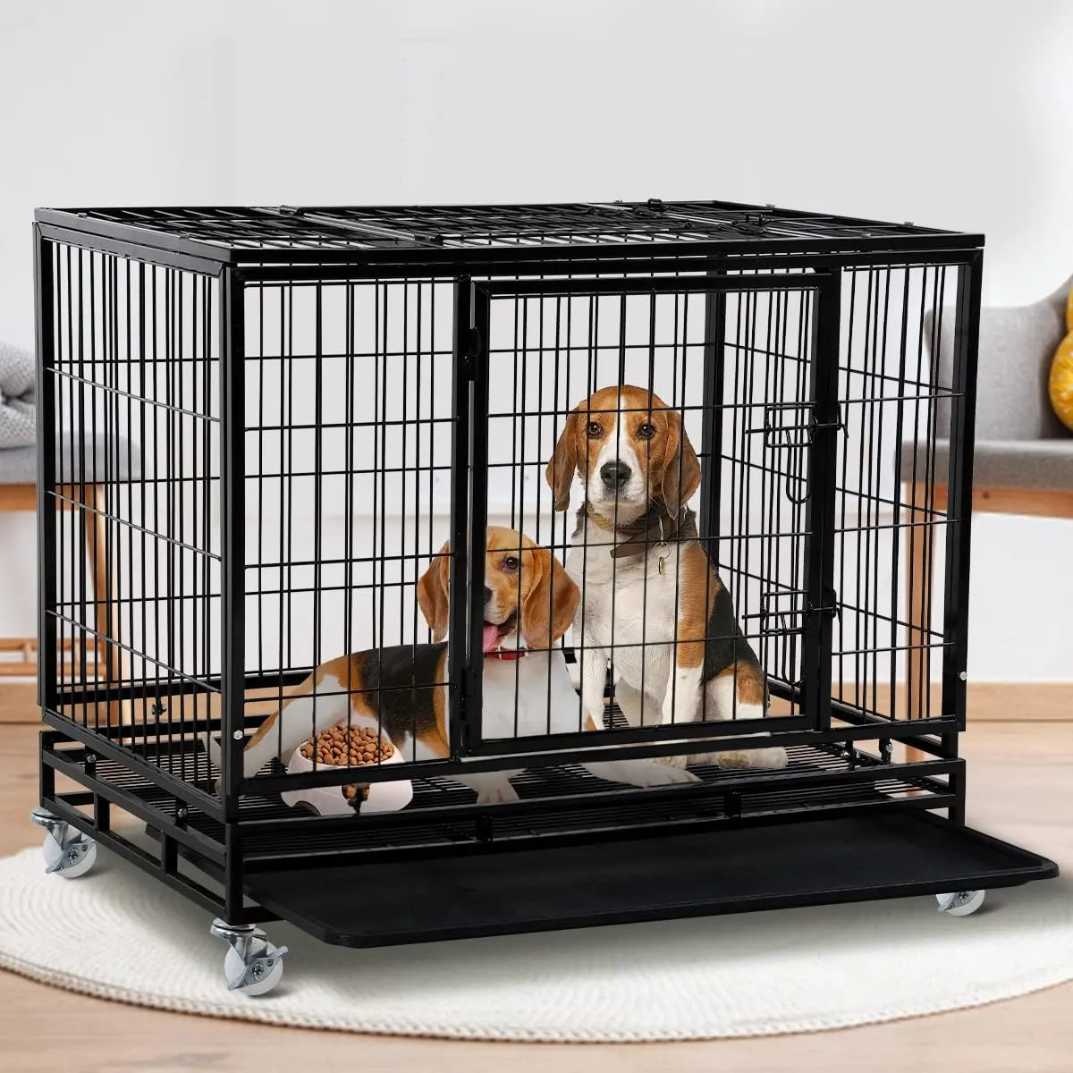 Heavy Duty Dog Crate Cage for Large Dogs, 48"/42"/36" Metal Pet Kennel Fence for Training, Outdoor XL XXL Stackable Dog Kennels w/Lockable Wheels, Plastic Tray, Double Door (36 inch)