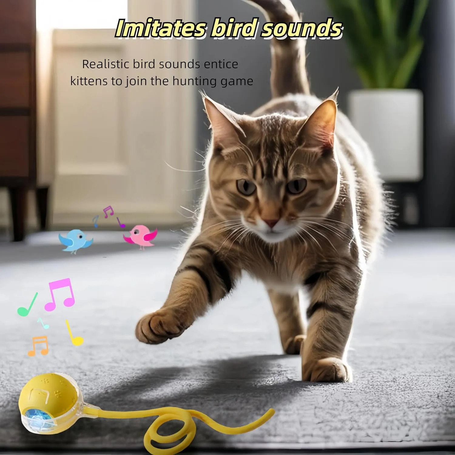 Interactive Cat Toy Ball  Automatic Electric Rolling Ball with Chirping Bird Sounds, Motion-Activated Indoor Toy for Kittens and Cats, Fun Exercise Play (Yellow)