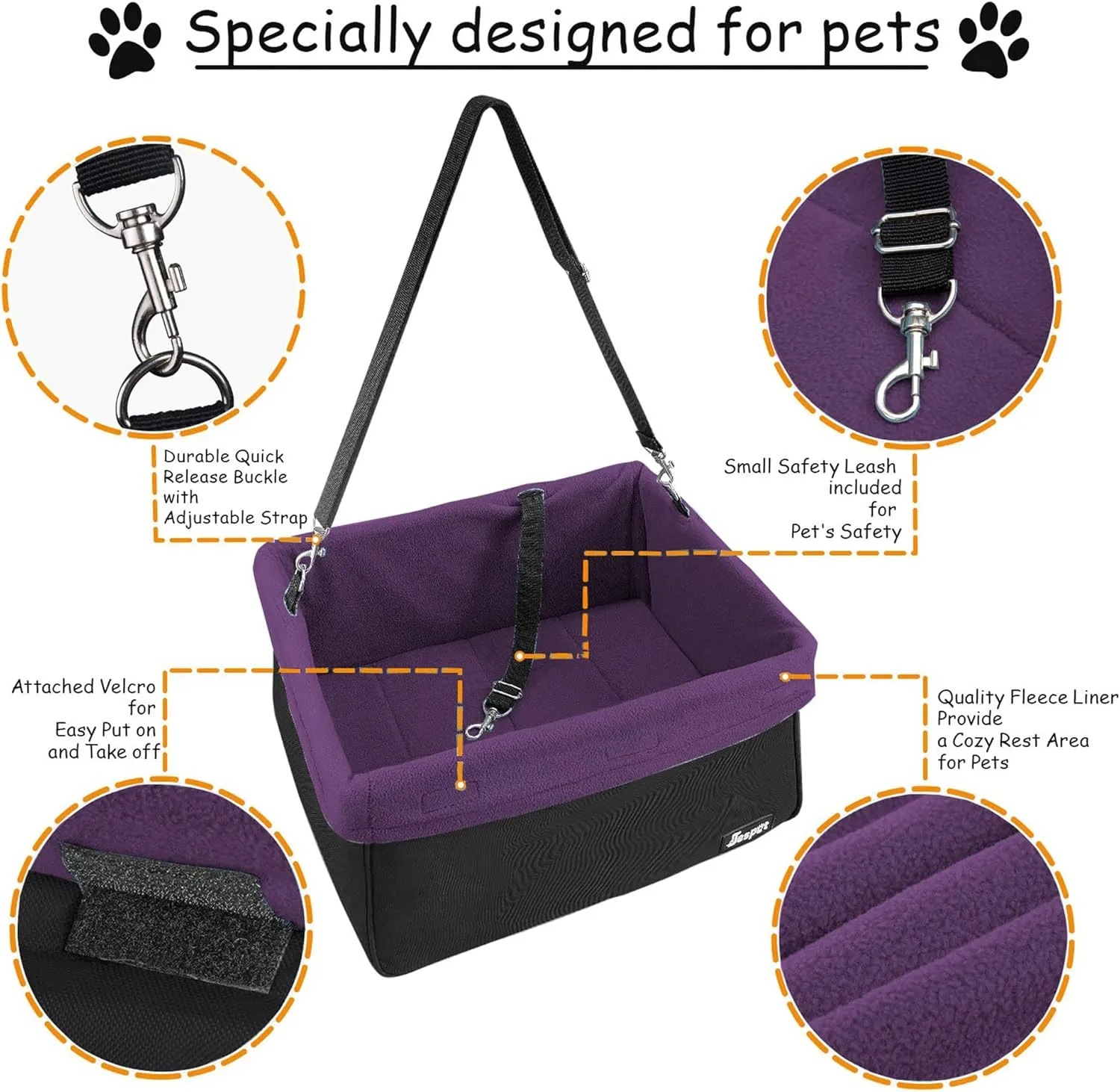 JESPET & GOOPAWS Dog Booster Seats for Cars, Portable Dog Car Seat Travel Carrier with Seat Belt for 24lbs Pets (Purple-16 L x 13" D x 9" H)