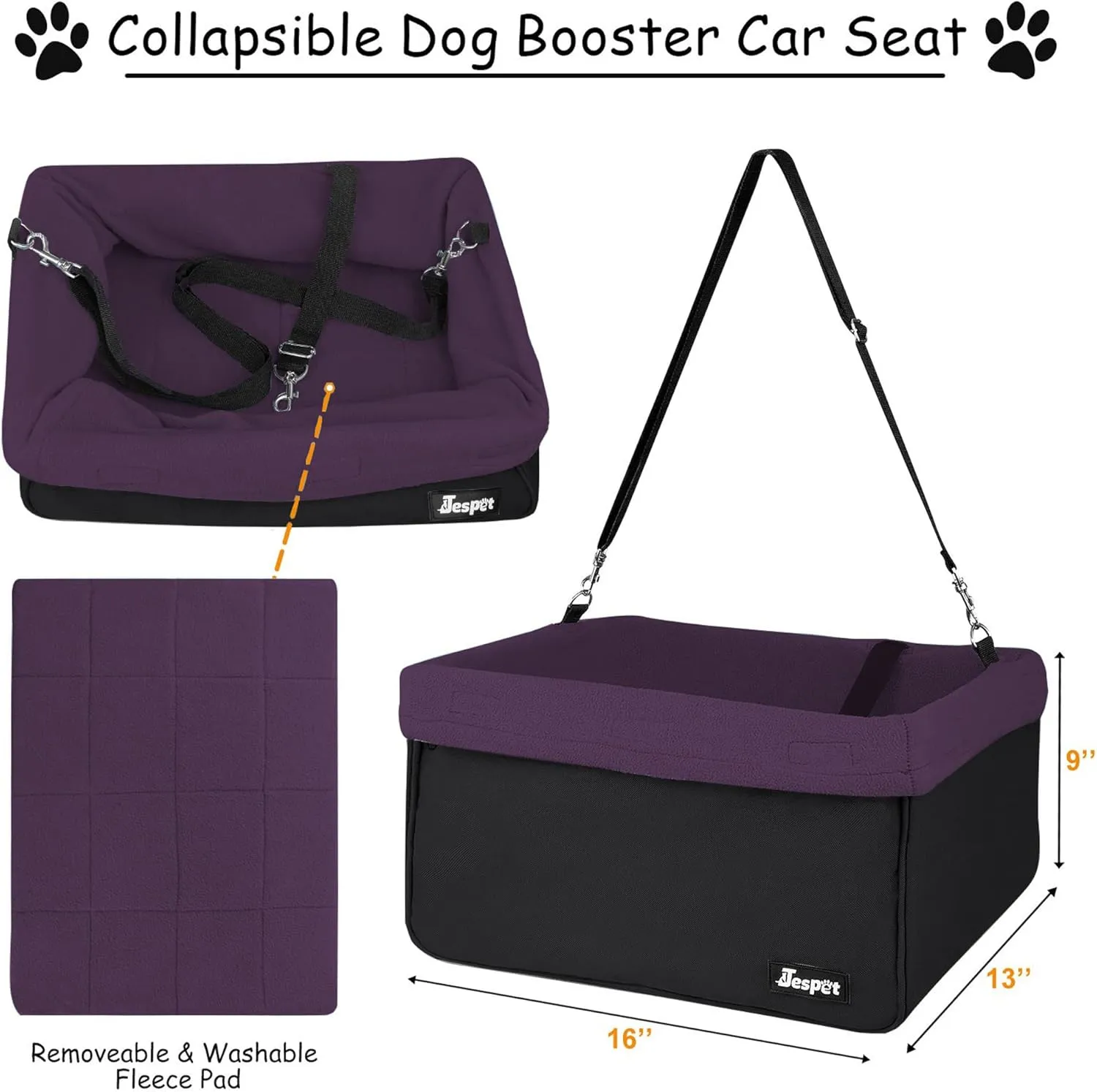 JESPET & GOOPAWS Dog Booster Seats for Cars, Portable Dog Car Seat Travel Carrier with Seat Belt for 24lbs Pets (Purple-16 L x 13" D x 9" H)