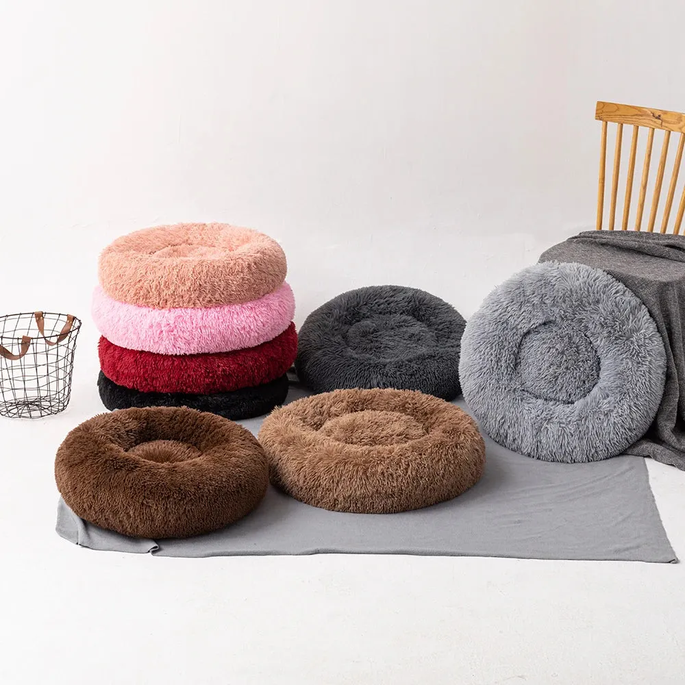 Luxurious Donut Shaped Warm Fluffy Pet Bed Eases Anxiety Promotes Calming for Dogs and Cats Washable