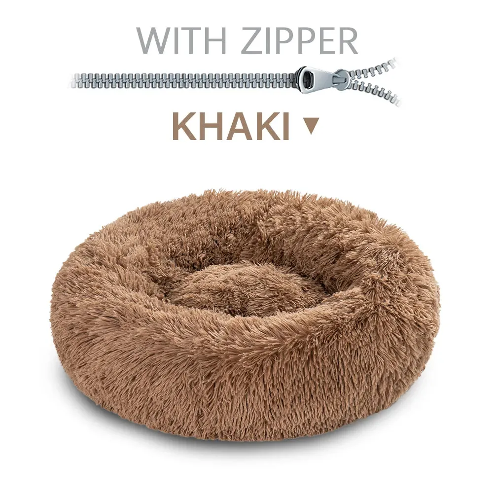 Luxurious Donut Shaped Warm Fluffy Pet Bed Eases Anxiety Promotes Calming for Dogs and Cats Washable