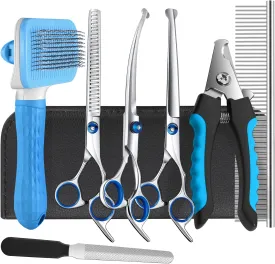 Odoland Dog Grooming Scissors Set Include Dog Slicker Brush, Pet Nail Clippers, Safety Round Tip Pet Grooming Shears for Kit Small Dogs Large Dog and Cats