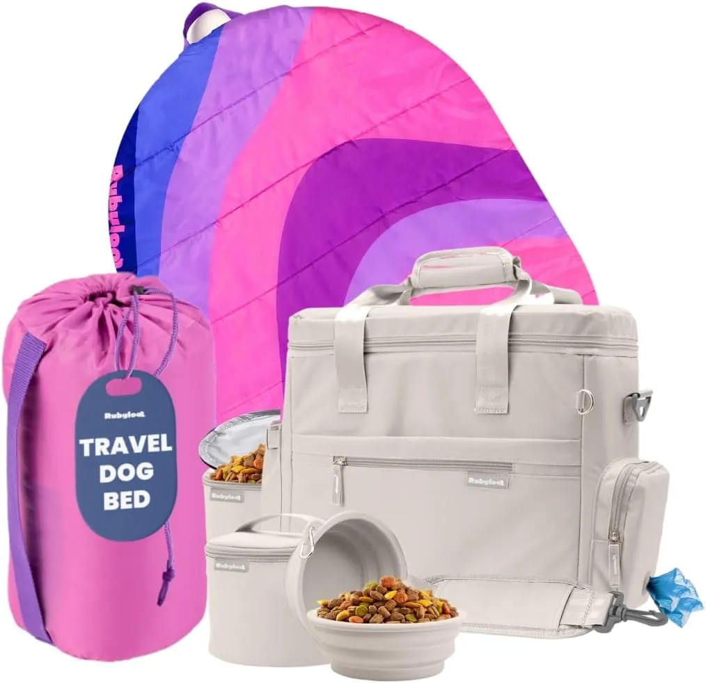 Original Doggy Bag (Beige) & Travel Dog Bed (Pink Horizon) - Travel Bag & Bed Set