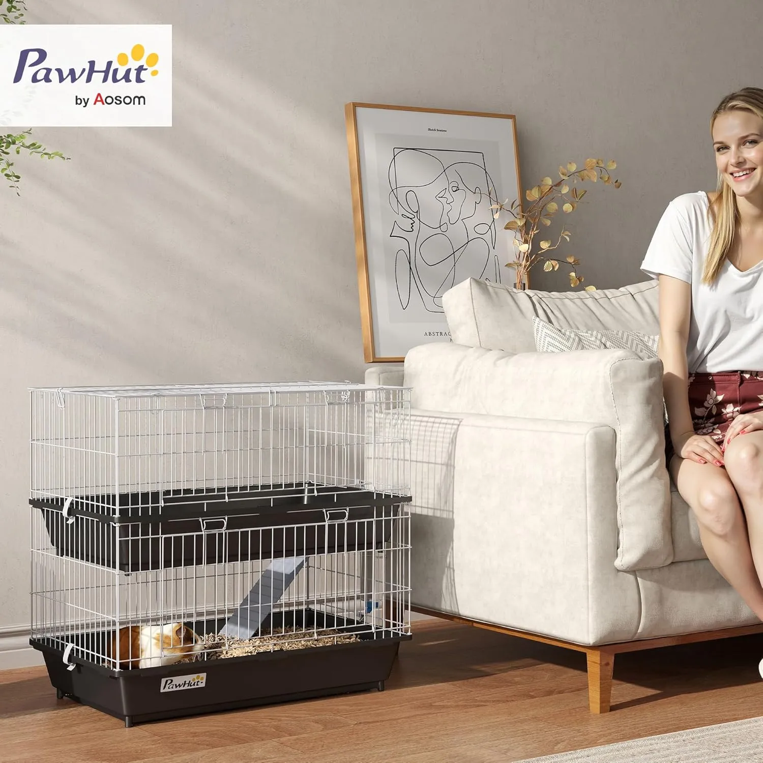 PawHut 2-Tier Guinea Pig Cage, Ferret Cage, Chinchilla Cage, Small Animal Cage Indoor with Dish and Bottle, 2 Doors, Deep Bottoms, Ramp, 28", Black