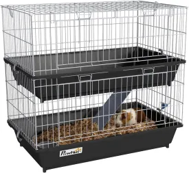 PawHut 2-Tier Guinea Pig Cage, Ferret Cage, Chinchilla Cage, Small Animal Cage Indoor with Dish and Bottle, 2 Doors, Deep Bottoms, Ramp, 28", Black