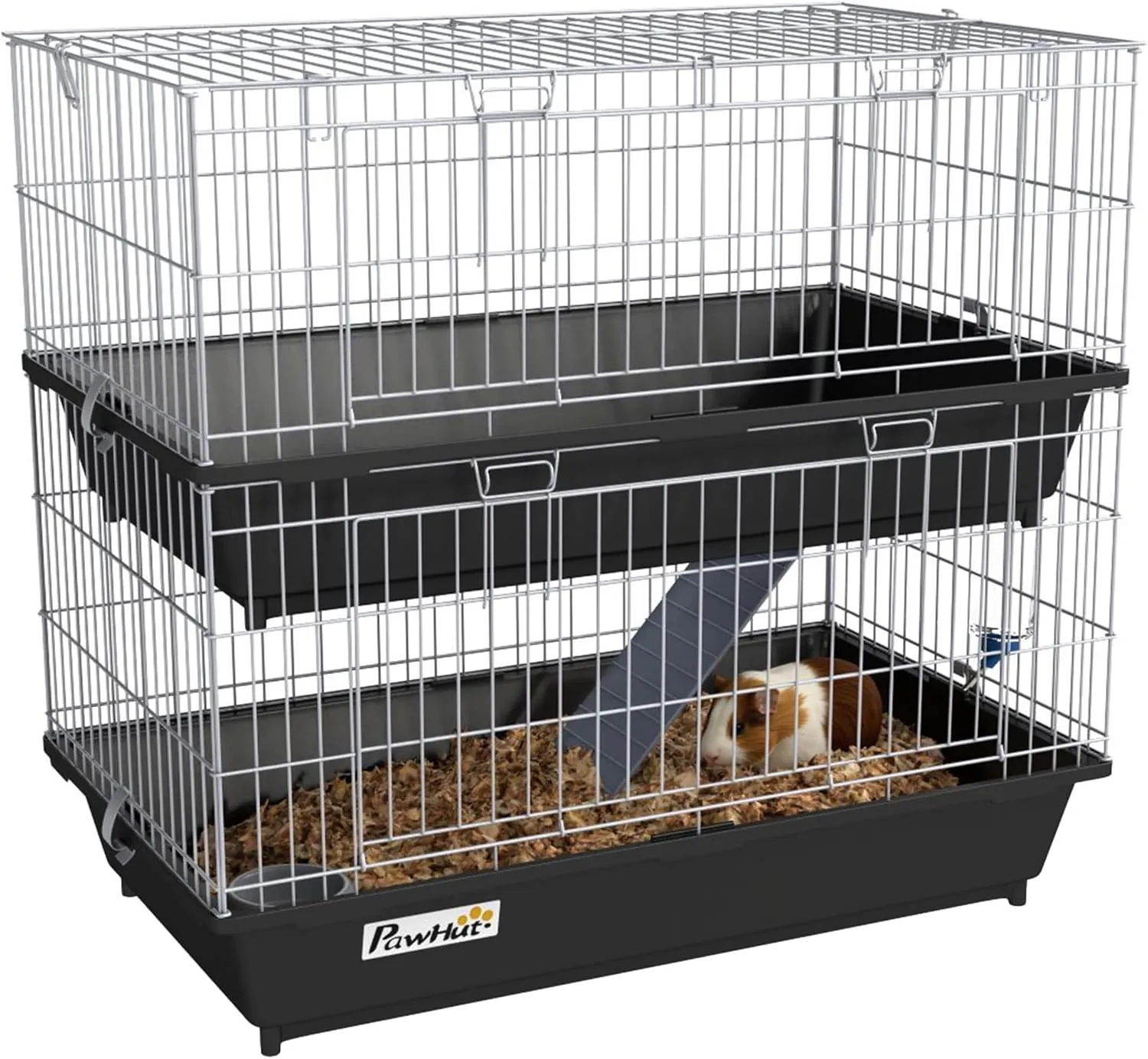 PawHut 2-Tier Guinea Pig Cage, Ferret Cage, Chinchilla Cage, Small Animal Cage Indoor with Dish and Bottle, 2 Doors, Deep Bottoms, Ramp, 28", Black