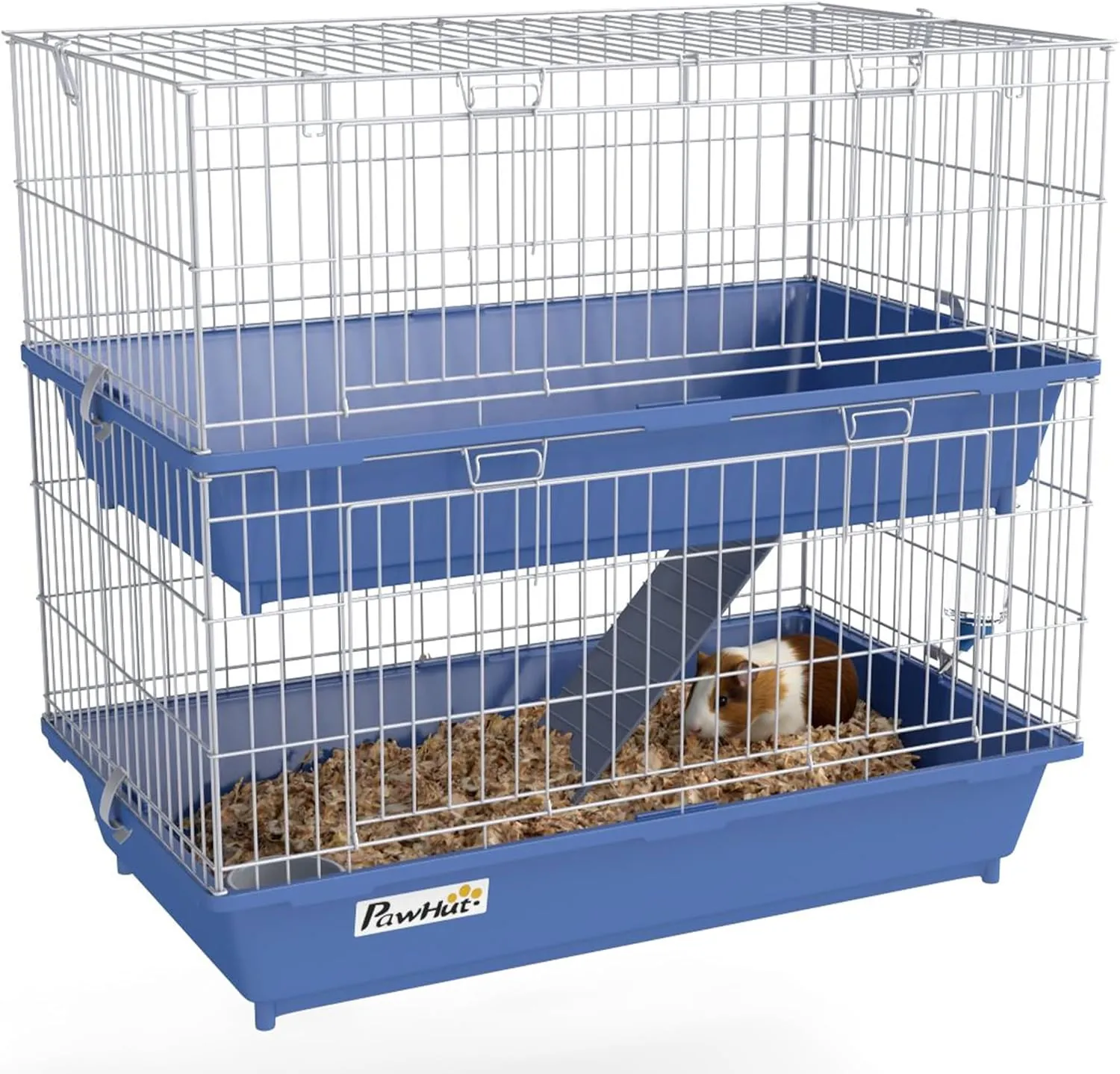 PawHut 2-Tier Guinea Pig Cage, Ferret Cage, Chinchilla Cage, Small Animal Cage Indoor with Dish and Bottle, 2 Doors, Deep Bottoms, Ramp, 28", Blue
