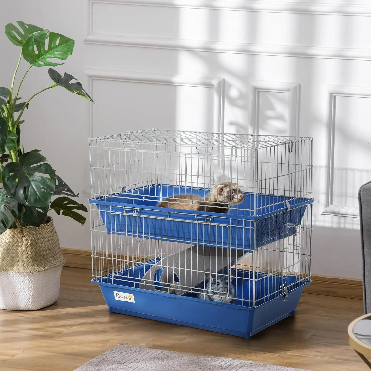 PawHut 2-Tier Guinea Pig Cage, Ferret Cage, Chinchilla Cage, Small Animal Cage Indoor with Dish and Bottle, 2 Doors, Deep Bottoms, Ramp, 28", Blue