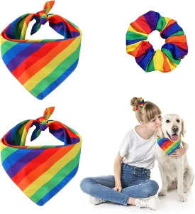 Pet Bandana and Matching Scrunchie, 3 PCS Cotton Rainbow Pet Bandana with Scrunchie Colorful Dog Scarf and Rainbow Hair Tie for Dogs Cat and Pride Month