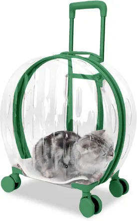 Pet Carrier with Wheels - Transparent PC Material, Sturdy and Breathable Design, Convenient Handle, Suitable for Cats and Dogs (Green)
