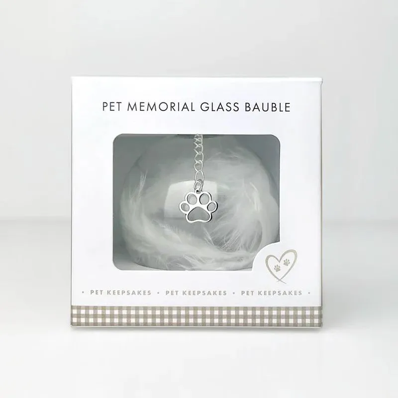 Pet Memorial Feather Filled Glass Bauble With Paw Print Charm