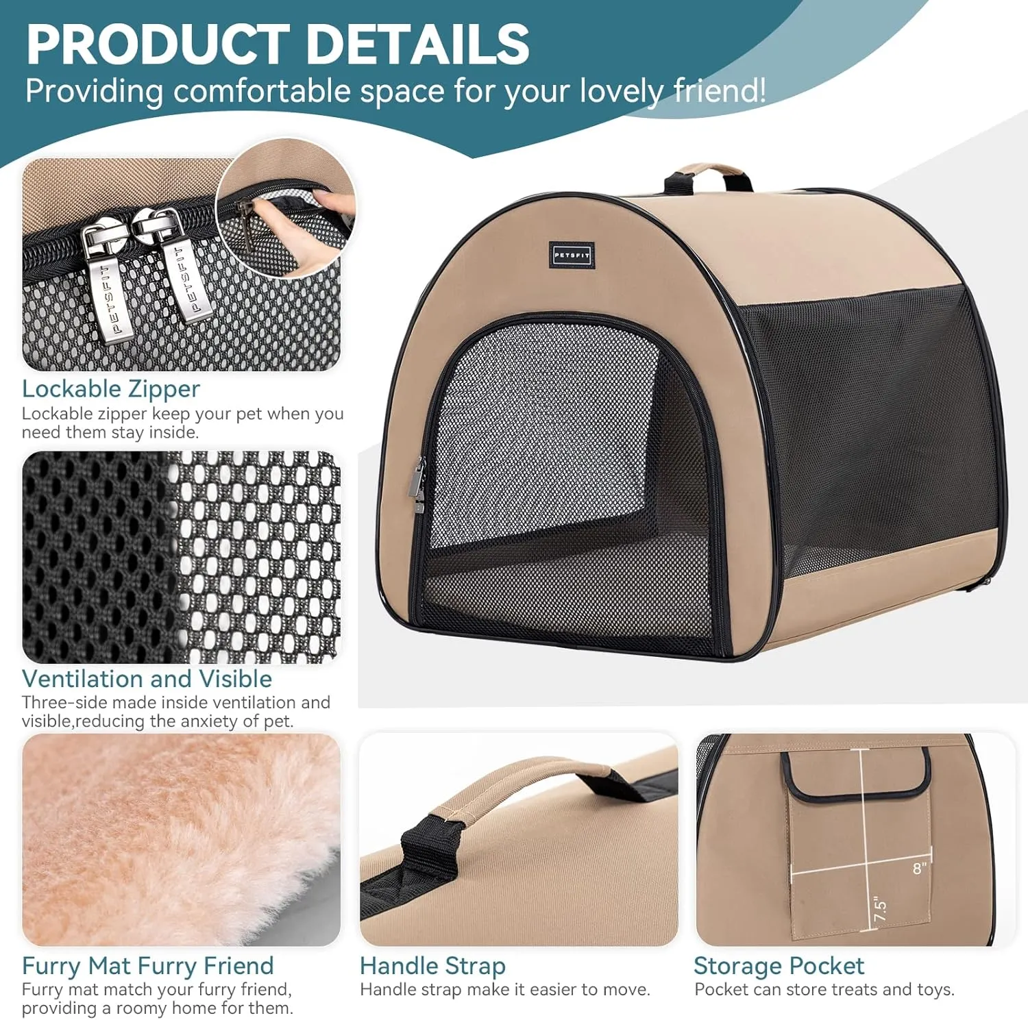 PETSFIT Portable Dog Crate, Travel Dog Crate - 19 Inch Lightweight, Roomy, Easy to Set Up, Sturdy Collapsible Dog Kennel with Thick Mat, Khaki