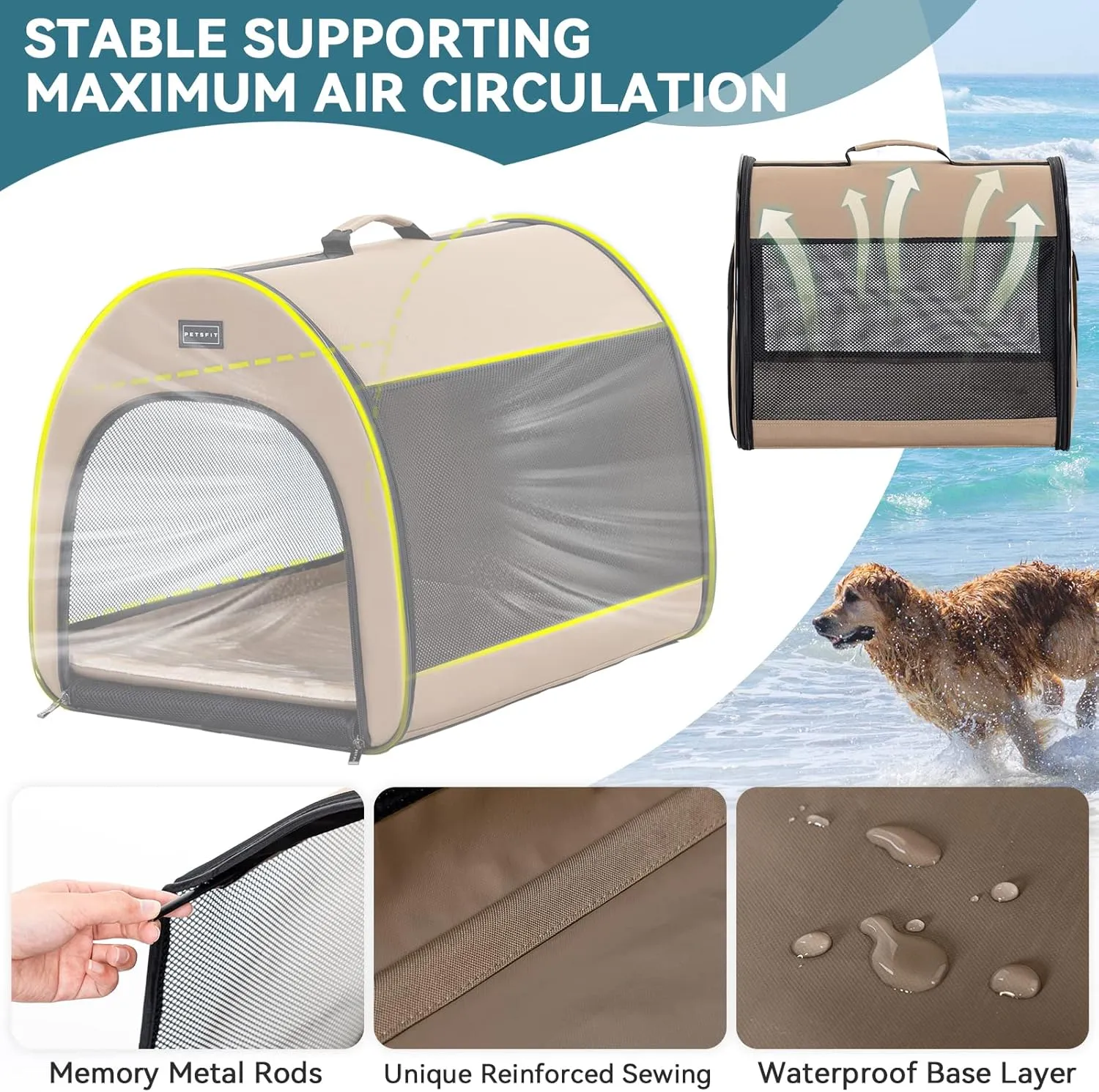PETSFIT Portable Dog Crate, Travel Dog Crate - 19 Inch Lightweight, Roomy, Easy to Set Up, Sturdy Collapsible Dog Kennel with Thick Mat, Khaki