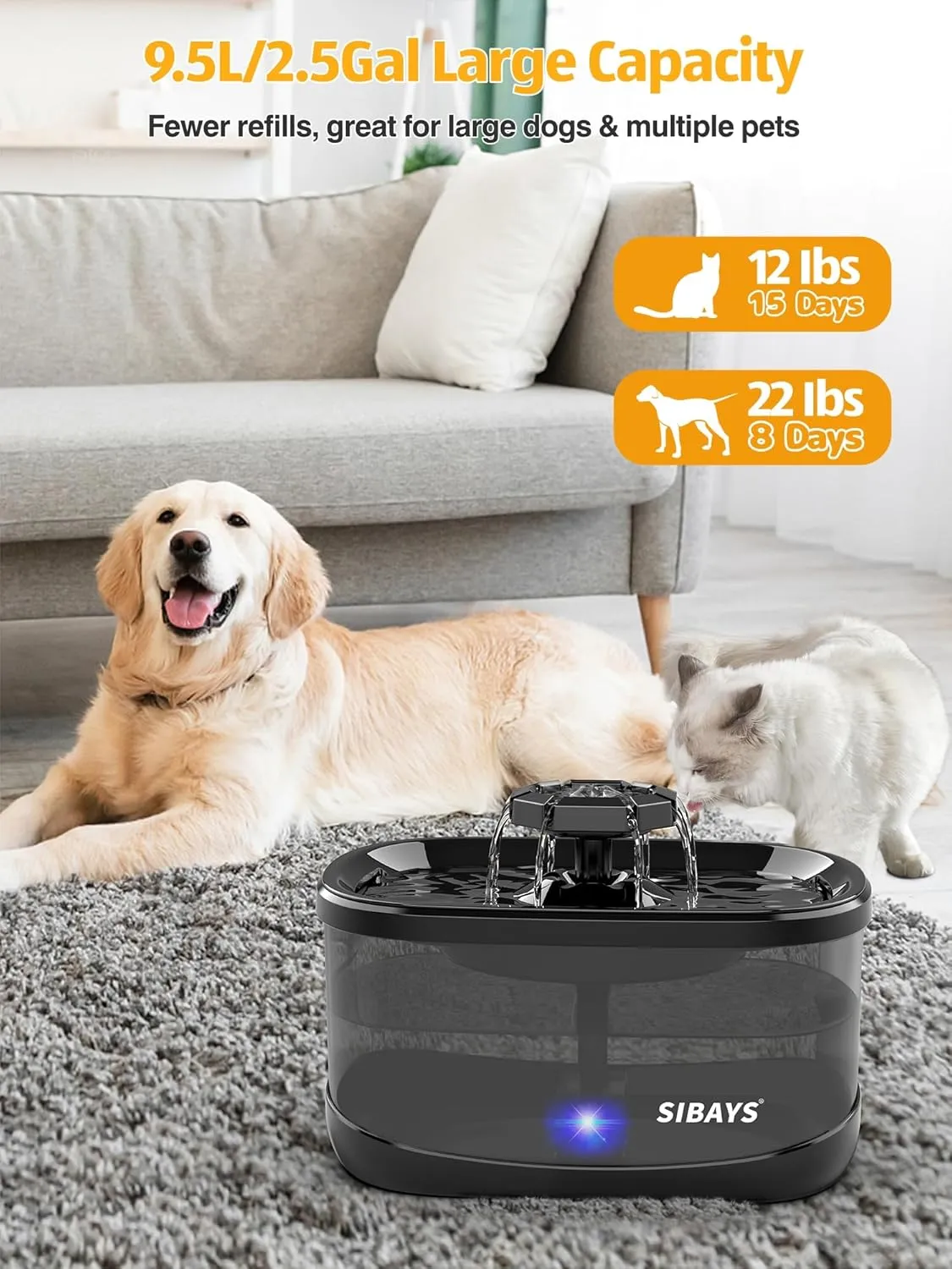 SIBAYS 2.5GAL/9.5L Dog Water Fountain, 3 Flow Modes Pet Water Fountain for Cats, Dog Water Bowl Dispenser with 7" Large Filter & Smart LED Pump, Ultra Quiet, BPA-Free, Ideal for Large Dogs, Multi-pet