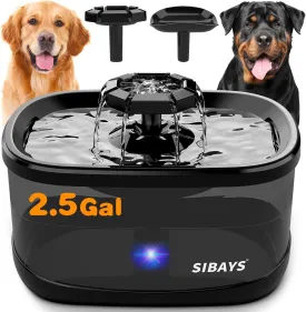SIBAYS 2.5GAL/9.5L Dog Water Fountain, 3 Flow Modes Pet Water Fountain for Cats, Dog Water Bowl Dispenser with 7" Large Filter & Smart LED Pump, Ultra Quiet, BPA-Free, Ideal for Large Dogs, Multi-pet