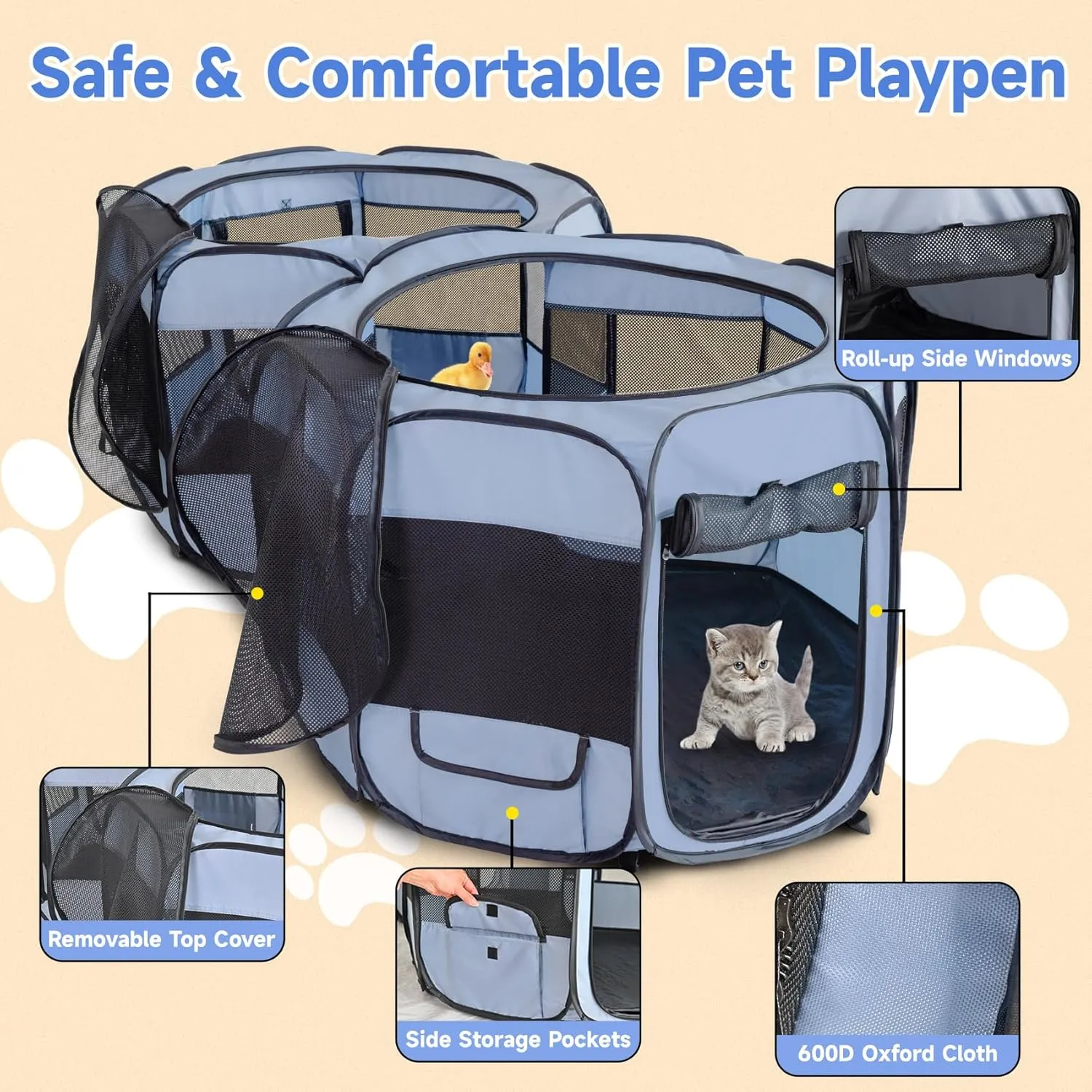 Small Animals Playpen Pop up Small Pet Cage Enclosure Hutch Kennel Tent Chick Run Brooder Box Coop Portable Foldable Outdoor Yard Fence for Kitten Ferret Puppy Guinea Pig Rabbit Hamster Chinchillas