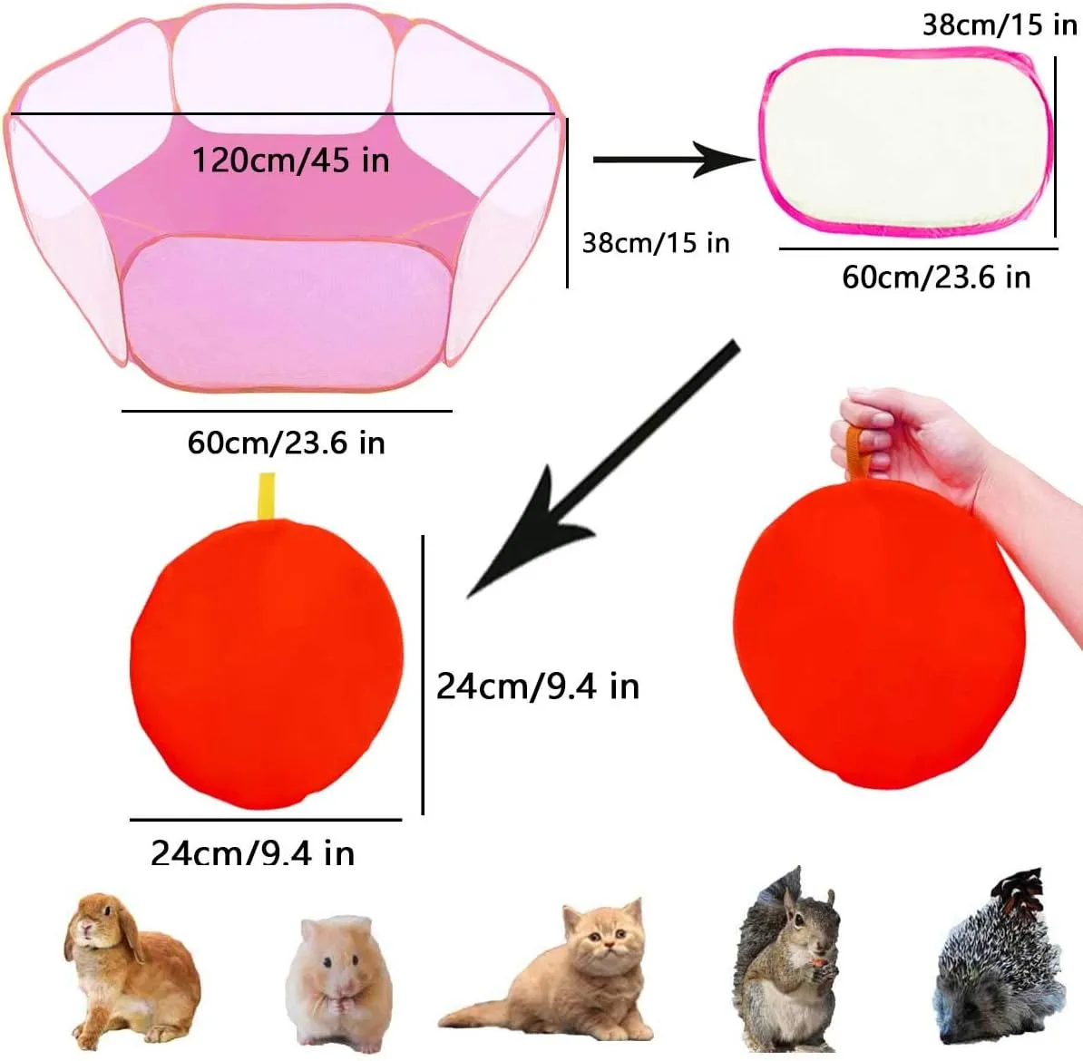 Small Animals Tent,Reptiles Cage,Breathable Transparent Pet Playpen Pop Open Outdoor/Indoor Exercise Fence,Portable Yard Fence (Pink)