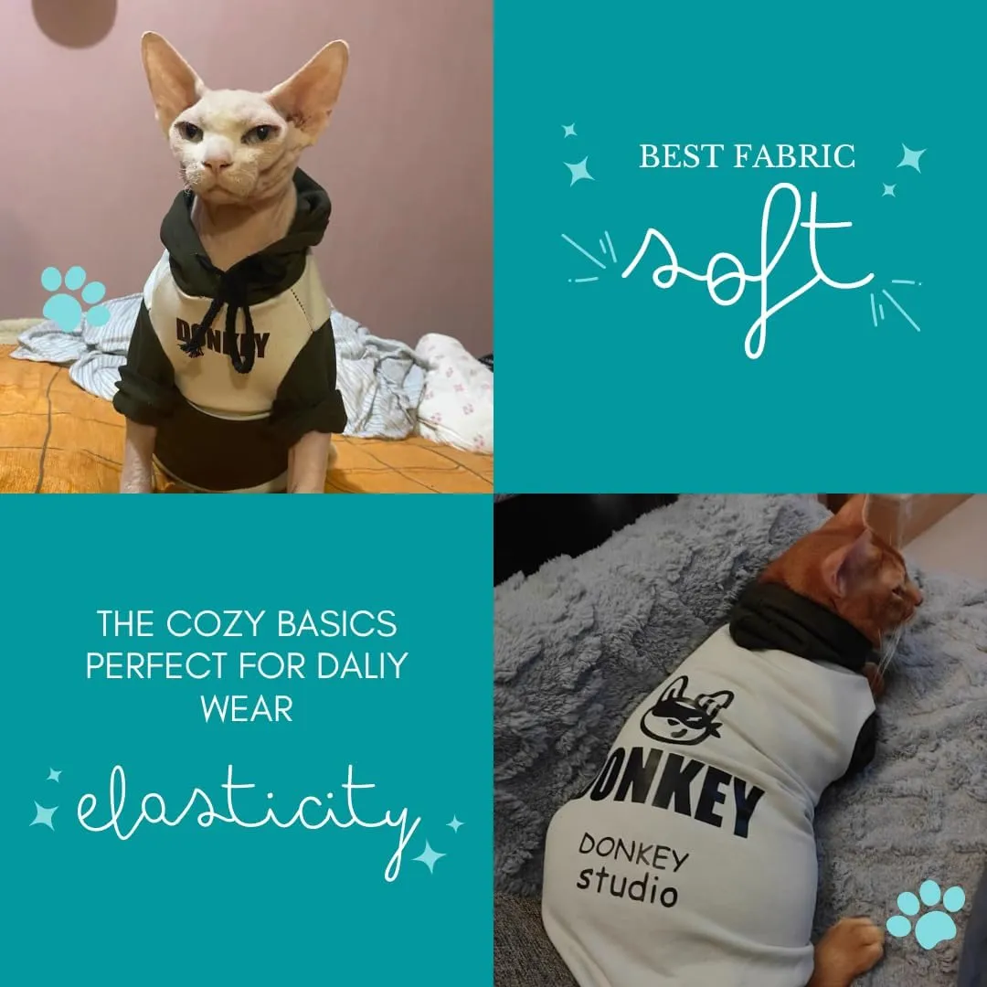 Sphynx Cat Hoodie Sweater, Thick Warm Stratch Soft Cat Hoodie Jacket,Two Legged Warm Fleece Hoodie for cat,Autumn Winter Clothes for Kitten Small Dogs (Dark Green&White, M (3-5lbs))