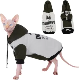 Sphynx Cat Hoodie Sweater, Thick Warm Stratch Soft Cat Hoodie Jacket,Two Legged Warm Fleece Hoodie for cat,Autumn Winter Clothes for Kitten Small Dogs (Dark Green&White, M (3-5lbs))