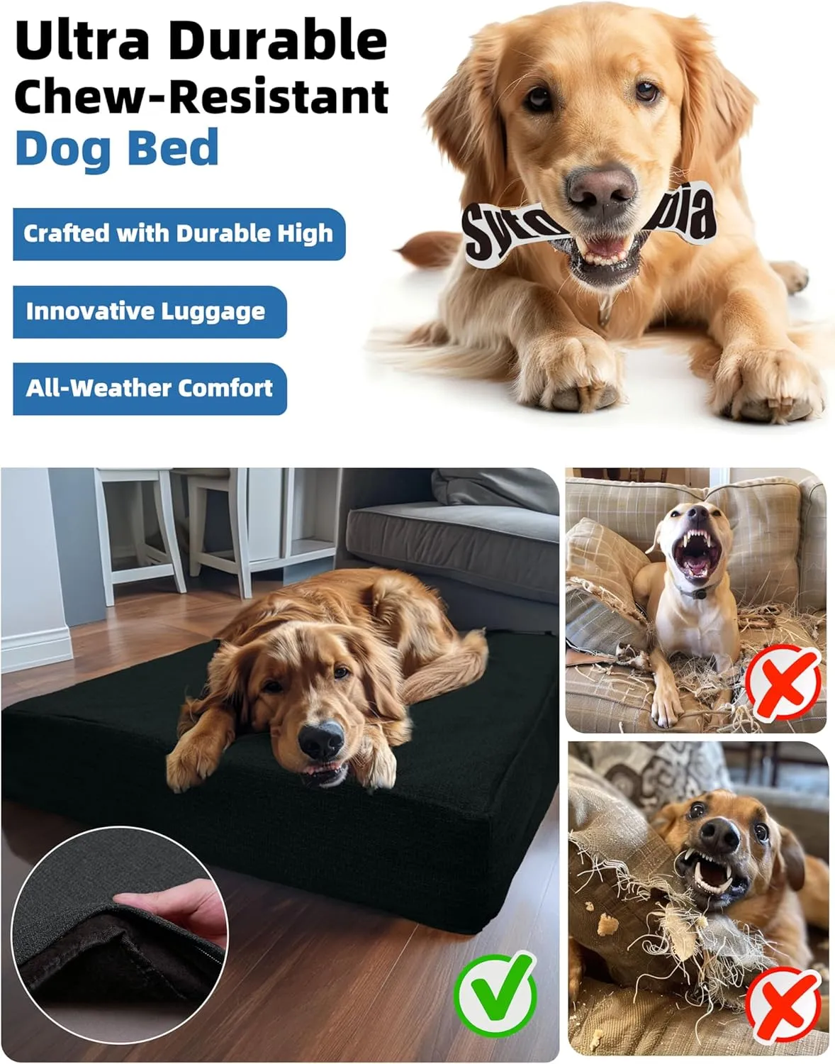 Sytopia 42-Inch Chew-Resistant Dog Bed  XL, Extra Large Waterproof & Orthopedic Pet Bed for Outdoor Use. Supports Up to 100 lbs, Machine-Washable, Great for Crates  Black