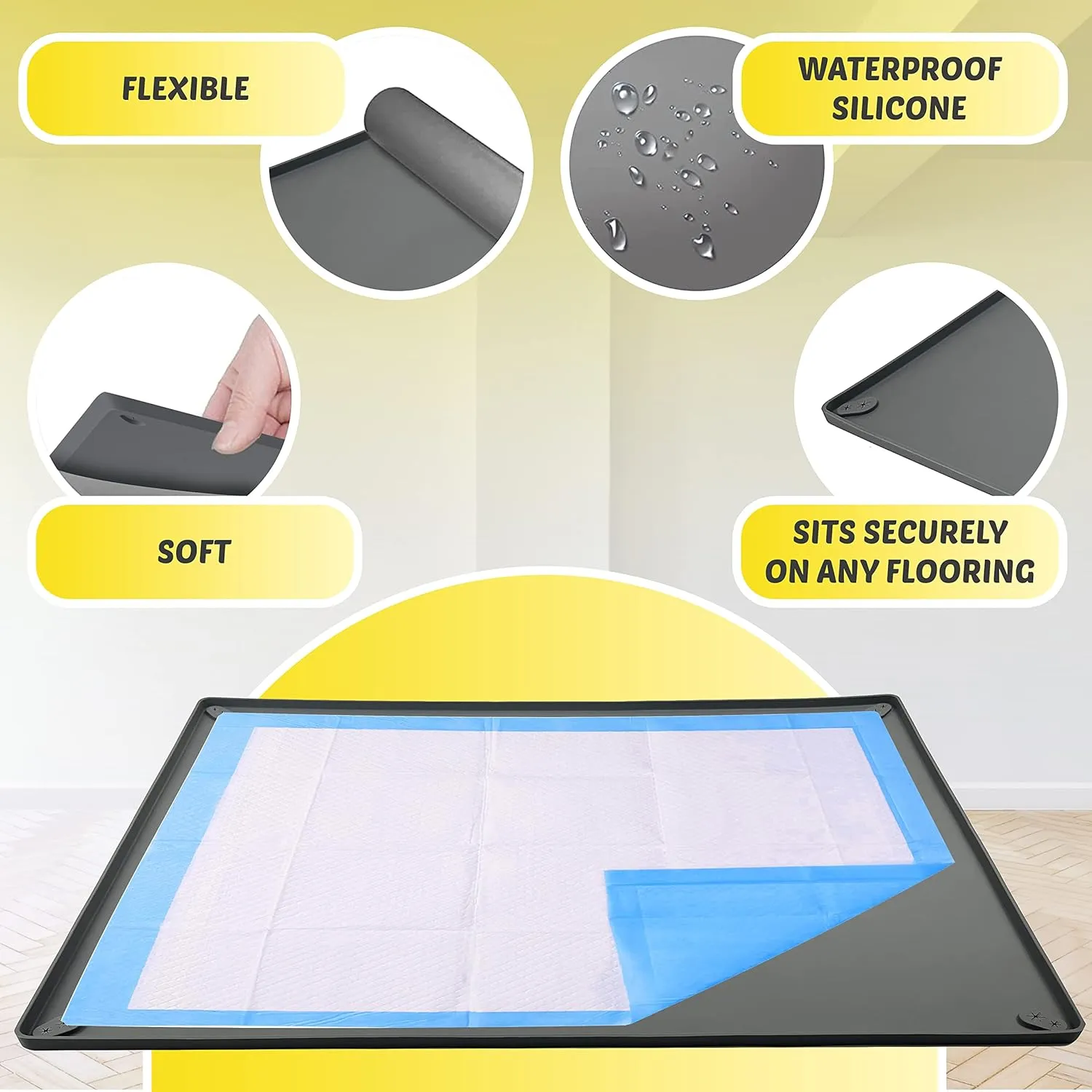TidyFriend Pee Pad Tray 24x36 Inches - Easy to Clean & Store, No Spill Silicon Training Pad for Dogs (Grey)